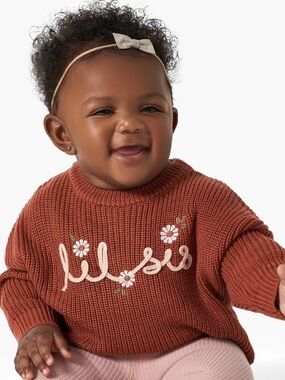 ‘Lil Sis’ Baby Knit Sweater - Rust with Daisy Embroidery